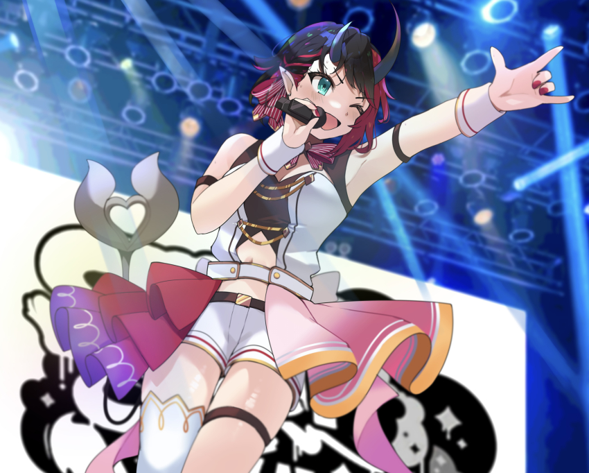 1girl absurdres alternate_costume armpits black_hair blue_eyes blush bow bowtie breasts cleavage commentary_request demon_girl demon_horns demon_tail feet_out_of_frame highres holding holding_microphone horns idol large_breasts looking_afar microphone multicolored_hair nanashi_inc. navel one_eye_closed open_mouth pointy_ears reaching red_bow red_bowtie red_hair ryugasaki_rene short_hair shorts smile solo stage_lights sugar_lyric tail thigh_strap two-tone_hair virtual_youtuber white_shorts wrist_cuffs zono_(inokura_syuzo029)