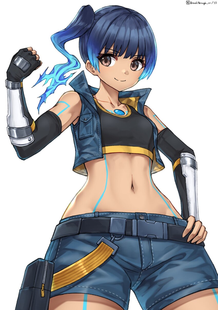 1girl bare_shoulders belt blue_hair breasts brown_eyes crop_top cropped_jacket dark-skinned_female dark_skin elbow_gloves fingerless_gloves gloves highres medium_hair riro_(breakthrough_rr) sena_(xenoblade) shorts side_ponytail sleeveless small_breasts xenoblade_chronicles_(series) xenoblade_chronicles_3