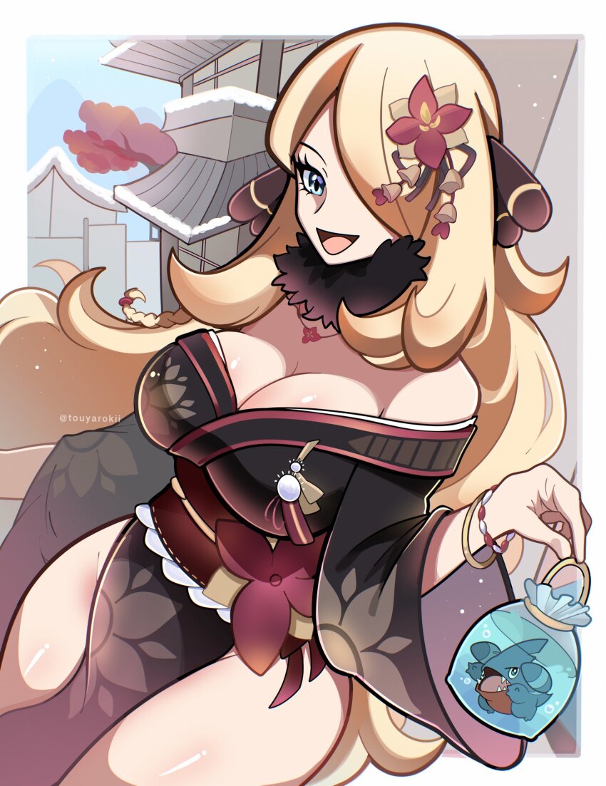 1girl bare_shoulders black_kimono blonde_hair blue_eyes border breasts cleavage cowboy_shot cynthia_(pokemon) gen_4_pokemon gible hair_over_one_eye highres japanese_clothes kimono large_breasts long_hair nintendo off_shoulder pokemon pokemon_dppt solo_focus touyarokii white_border
