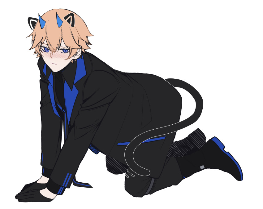 1boy _(punishing:_gray_raven) absurdres animal_ears blush cat_ears cat_tail dochikun gloves highres horns image_sample kneeling lee:_palefire_(pgr) lee_(pgr) looking_at_viewer pixiv_sample punishing:_gray_raven solo solo_focus tail white_background