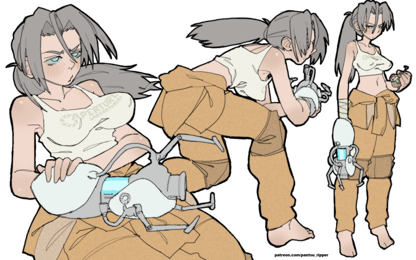 1girl aperture_science_handheld_portal_device barefoot blue_eyes breasts chell crop_top glados grey_hair highres impossible_clothes jumpsuit jumpsuit_around_waist medium_breasts midriff multiple_views navel orange_jumpsuit orange_pants pants pantsu-ripper ponytail portal_(series) portal_1 potato tank_top white_background white_tank_top