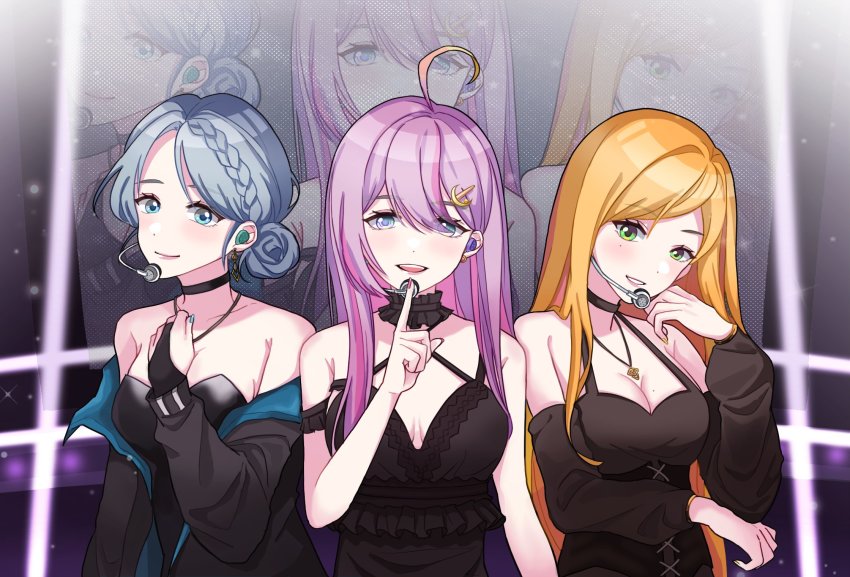 3girls ban_hada black_choker black_jacket blonde_hair blue_eyes breasts choker cleavage collarbone cowlick criss-cross_halter detached_sleeves frilled_choker frills green_eyes hair_bun halterneck head_tilt headset highres jacket jewelry long_hair looking_at_viewer mole mole_on_breast mole_under_eye multiple_girls na_sera necklace nijisanji nijisanji_kr off_shoulder purple_eyes purple_hair rin_(rinbyrin) seffyna single_side_bun smile virtual_youtuber