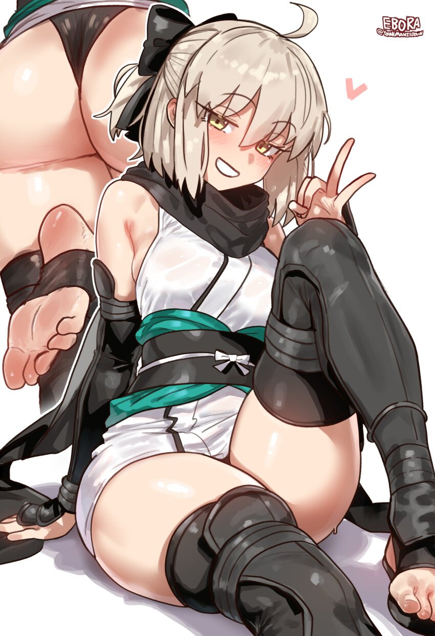 1girl absurdres ahoge arm_guards ass black_bow black_panties blonde_hair bow breasts detached_sleeves ebora fate/grand_order fate_(series) feet grin hair_bow half_updo haori highres japanese_clothes kimono koha-ace large_breasts looking_at_viewer multiple_views obi okita_souji_(fate) okita_souji_(koha-ace) panties sandals sash short_hair short_kimono sitting sleeveless sleeveless_kimono smile soles stirrup_legwear thighs toeless_legwear toes underwear wedgie white_kimono yellow_eyes