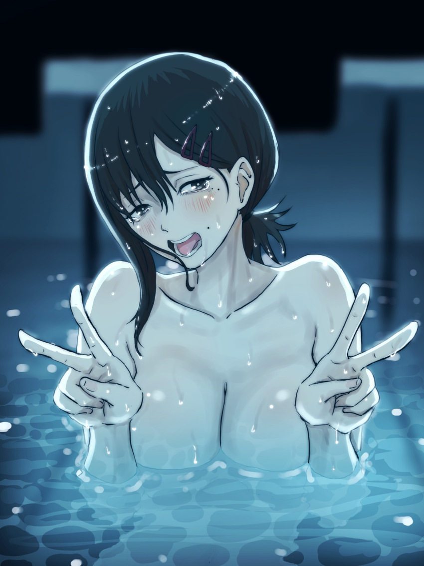 1girl black_hair breasts brown_eyes chainsaw_man cutterhappa double_v hair_ornament hairclip higashiyama_kobeni highres large_breasts mole mole_on_cheek mole_under_eye multiple_moles nude open_mouth partially_submerged ponytail pool scene_reference short_ponytail single_sidelock solo teeth v wet wet_hair