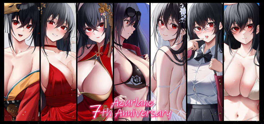 1girl absurdly_long_hair ahoge anniversary arm_support arm_up azur_lane back bare_arms bare_shoulders bespectacled bikini black_bikini black_bow black_bowtie black_hair black_pantyhose black_skirt black_thighhighs blue_sky blurry blurry_background blush bow bowtie bra_visible_through_clothes breasts button_gap china_dress chinese_clothes choker cleavage cleavage_cutout closed_mouth clothes_pull clothing_cutout cloud cloudy_sky collarbone collared_shirt commentary_request crossed_bangs cup day dress dress_pull drinking_glass eyewear_on_head from_behind glasses grey_background hair_between_eyes hair_intakes hair_ornament highres holding holding_cup huge_breasts jacket japanese_clothes kimono large_breasts long_hair long_sleeves looking_ahead looking_at_viewer mask mask_on_head median_furrow navel off_shoulder official_alternate_costume official_alternate_hairstyle one_side_up open_clothes open_jacket open_mouth outdoors pantyhose pulling_own_clothes red_choker red_dress red_eyes red_jacket red_kimono round_eyewear semi-rimless_eyewear shirt side_slit sideboob simple_background sitting skindentation skirt skirt_hold sky sleeveless sleeveless_dress smile spilling stomach sunglasses swimsuit taihou_(azur_lane) taihou_(enraptured_companion)_(azur_lane) taihou_(forbidden_fruit)_(azur_lane) taihou_(phoenix&#039;s_spring_song)_(azur_lane) taihou_(seaside_daydreams)_(azur_lane) taihou_(sweet_time_after_school)_(azur_lane) taihou_(temptation_on_the_sea_breeze)_(azur_lane) thigh_strap thighhighs thighs tongue tongue_out very_long_hair white_background white_bikini white_dress white_shirt yorugami_rei