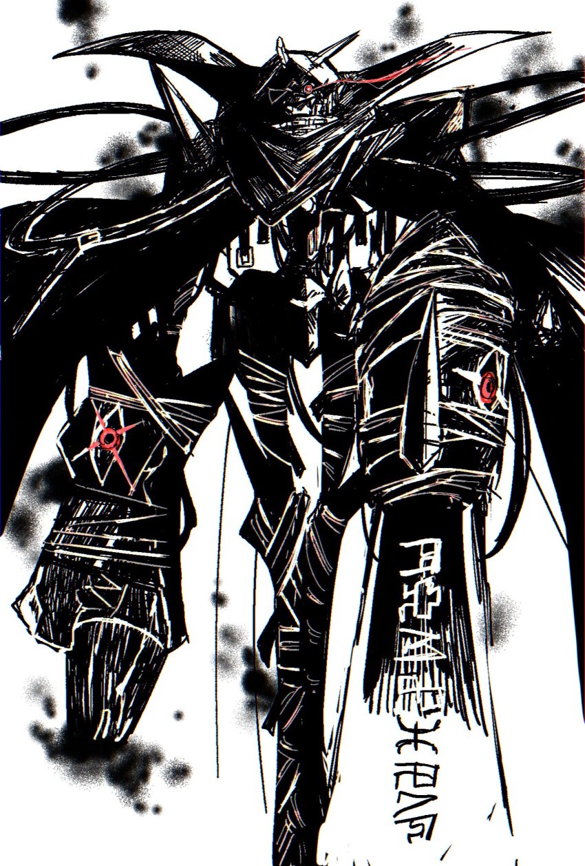 arm_blade arm_cannon bandages broken_horn digimon digimon_(creature) energy_cannon glowing glowing_eye highres horns megane_mochi monochrome omegamon_zwart_defeat red_eyes simple_background spot_color sword weapon white_background