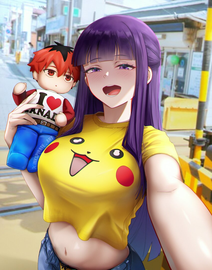 1girl :d absurdres blunt_bangs breasts character_doll commentary contemporary cropped_shirt denim fern_(sousou_no_frieren) gen_1_pokemon highres i_heart... i_love_canada_(meme) inkspirate jeans large_breasts long_hair looking_at_viewer meme midriff open_mouth outdoors pants pikachu purple_eyes purple_hair selfie shirt short_sleeves smile solo sousou_no_frieren stark_(sousou_no_frieren) yellow_shirt