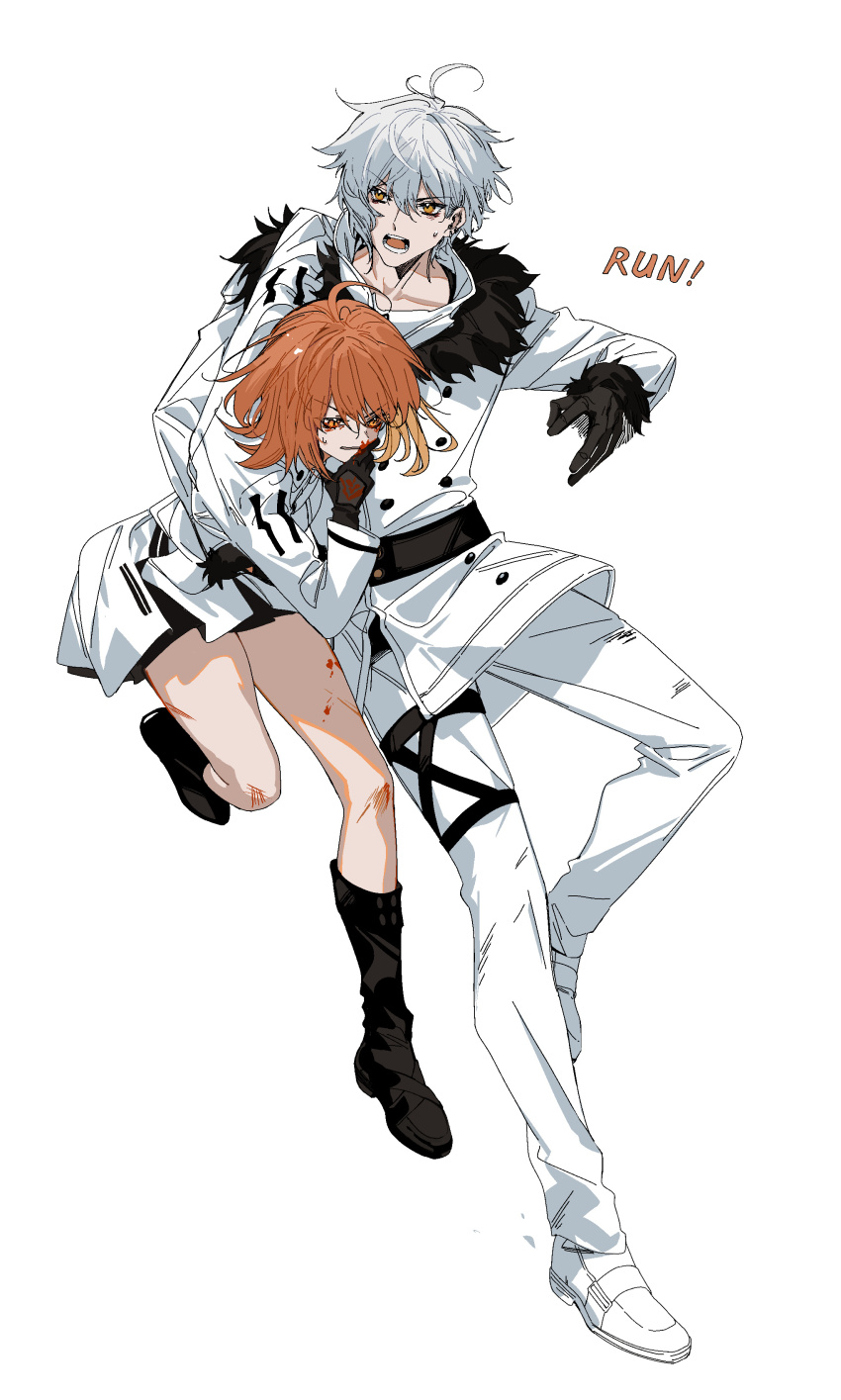 1boy 1girl absurdres ahoge arlizi arm_around_shoulder arm_around_waist belt black_belt black_footwear black_gloves black_skirt blood blood_on_face blood_on_leg boots clenched_teeth command_spell dress english_text fate/grand_order fate_(series) fujimaru_ritsuka_(female) fujimaru_ritsuka_(female)_(decisive_battle_chaldea_uniform) full_body fur-trimmed_jacket fur-trimmed_sleeves fur_trim gloves hair_between_eyes hand_up highres jacket kadoc_zemlupus knee_boots lifting_person long_sleeves looking_down looking_to_the_side medium_hair open_mouth orange_eyes orange_hair pants revision scratches shoes short_hair simple_background skirt sweatdrop teeth thigh_strap white_background white_dress white_footwear white_hair white_jacket white_pants wiping_blood yellow_eyes