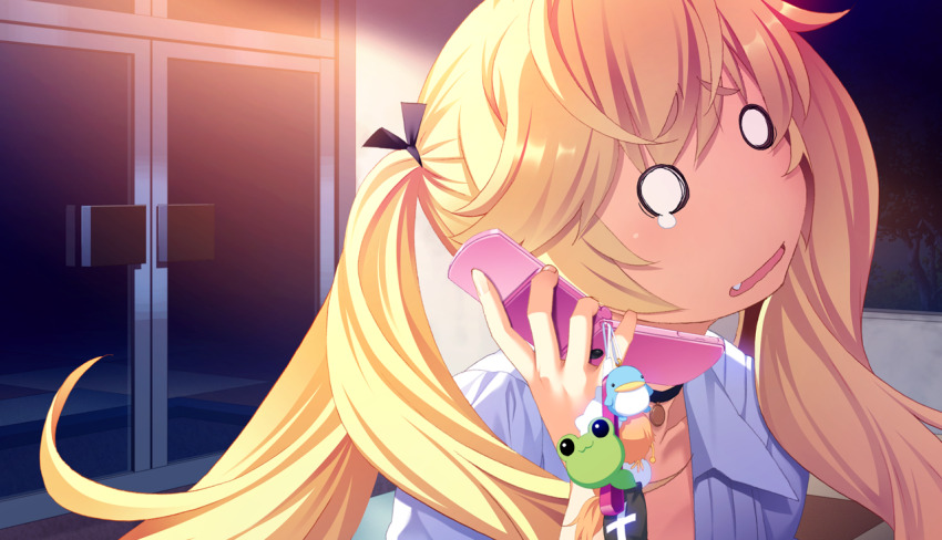 1girl black_choker black_ribbon blank_eyes blonde_hair cellphone cellphone_charm charm_(object) choker collarbone collared_shirt door fang flip_phone game_cg grisaia_(series) grisaia_no_rakuen hair_ribbon holding holding_phone large_variant_set long_hair matsushima_michiru night non-web_source official_art outdoors parted_lips phone portrait ribbon shirt solo talking_on_phone twintails variant_set watanabe_akio white_shirt
