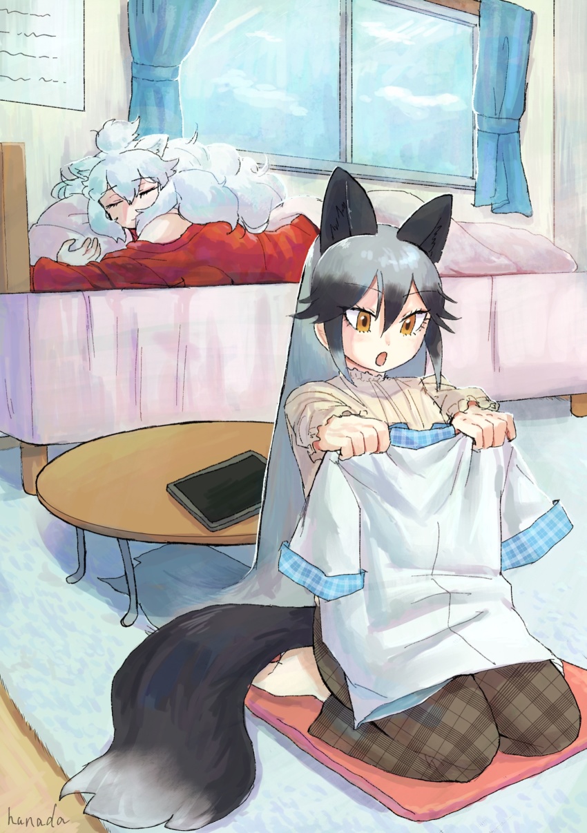 2girls alternate_costume animal_ears barefoot bed brown_pants casual collar commentary_request extra_ears fox_ears fox_girl fox_tail frilled_collar frills grey_hair hanada_(cobalt003) highres holding holding_shirt holding_unworn_clothes kemono_friends long_hair long_sleeves multicolored_hair multiple_girls pants plaid_clothes plaid_pants plaid_trim red_sweater seiza shirt silver_fox_(kemono_friends) sitting sleeping sweater tail unworn_shirt white_hair white_lion_(kemono_friends) white_shirt yellow_eyes
