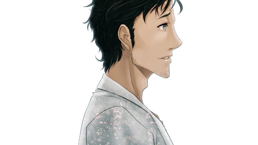 1boy adam&#039;s_apple beard_stubble black_hair clenched_teeth coat collarbone facial_hair from_side game_cg grey_eyes grin highres huke lab_coat lapels long_sleeves looking_to_the_side male_focus messy_hair narrowed_eyes notched_lapels official_art okabe_rintarou ringed_eyes shiny_lips shirt sideburns smile solo square_pupils steins;gate stubble t-shirt teeth transparent_background white_coat white_shirt