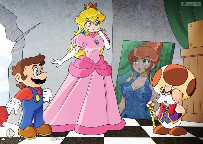 1girl 2boys blonde_hair blue_eyes breasts brown_hair cleavage crown dress earrings facial_hair full_body gloves highres jewelry mario mario_(series) multiple_boys mustache nintendo old old_man painting_(medium) pink_dress princess_peach red_hair standing super_mario_bros._1 toadsworth traditional_media