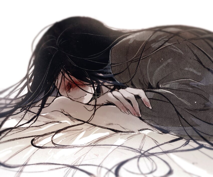 1boy black_hair black_kimono blood blood_on_face blood_on_hands commentary english_commentary facing_viewer highres homicipher japanese_clothes kimono korean_commentary long_hair lying male_focus mixed-language_commentary mr._crawling on_stomach simple_background sweeeet_him upper_body very_long_hair white_background