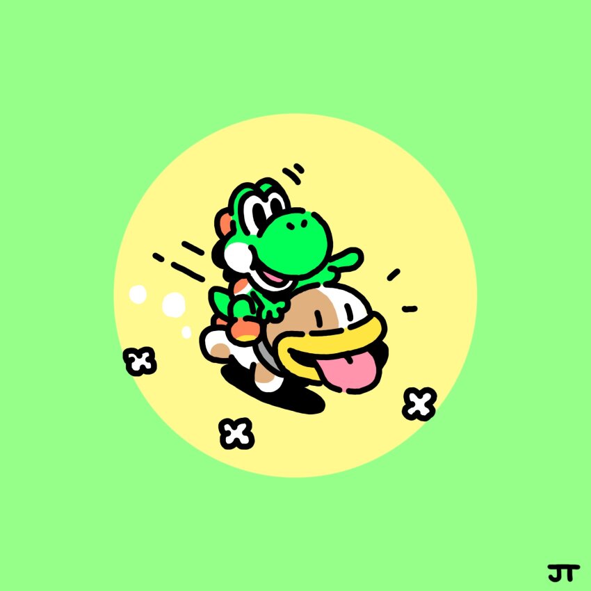 1boy animal black_eyes chibi chibi_only commentary dog english_commentary furry furry_male green_background happy highres james_turner male_focus mario_(series) motion_lines nintendo notice_lines open_mouth pointing pointing_forward poochy_(yoshi&#039;s_island) riding riding_animal signature simple_background smile super_mario_world_2:_yoshi&#039;s_island tongue tongue_out two-tone_background yellow_background yoshi