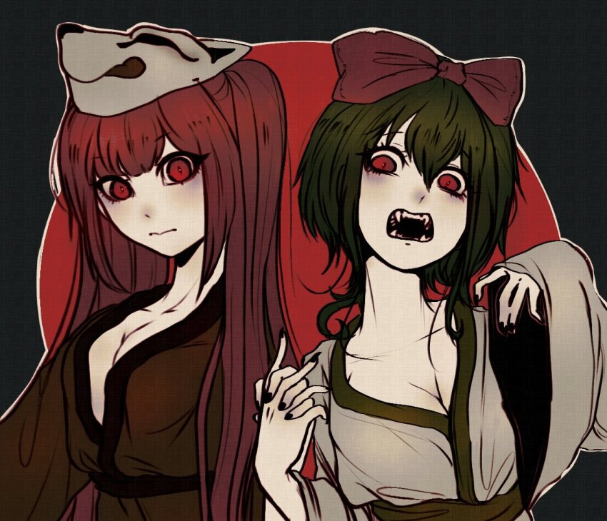 2girls black_background black_nails bow breasts cleavage closed_mouth collarbone commentary english_commentary fangs fox_mask green_hair gumi hair_between_eyes hair_bow hand_up hatsune_miku holding_hands interlocked_fingers japanese_clothes kimono kitsune_no_yomeiri_(vocaloid) long_hair long_sleeves looking_at_viewer mask mask_on_head medium_breasts medium_hair multiple_girls oborozuka_akari oni_to_kitsune_no_hanashi open_mouth outline red_background red_bow red_eyes red_hair sash shishikusa_mai simple_background teeth tiredcatmom twintails two-tone_background upper_body vocaloid white_outline wide_sleeves