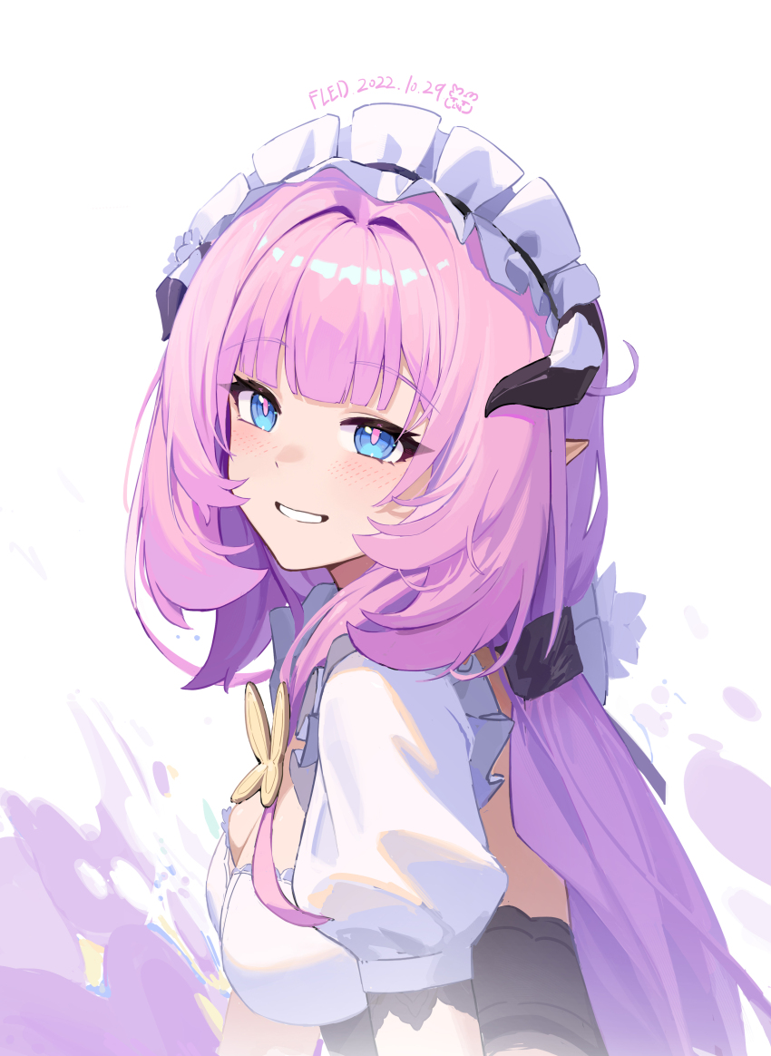 1girl absurdres black_hairband blue_eyes blush breasts cleavage dated elysia_(honkai_impact) fled frilled_hairband frills from_side hairband highres honkai_(series) honkai_impact_3rd horns long_hair looking_at_viewer looking_to_the_side medium_breasts pink_hair pointy_ears puffy_short_sleeves puffy_sleeves shirt short_sleeves signature simple_background smile solo upper_body very_long_hair white_background white_shirt