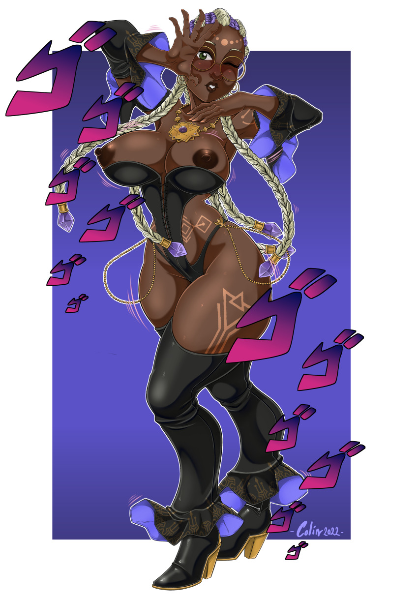 1girl absurdres ass bodypaint braid braided_ponytail breasts breasts_out cleavage collar comicolin curvy dark-skinned_female dark_skin dolores_(kof) dress female_focus glasses gold green_eyes heel_up highres huge_ass huge_breasts jewelry jiggle jojo_pose large_breasts leather long_hair looking_at_viewer multicolored_hair necklace nipples one_eye_closed panties purple_hair round_eyewear standing the_king_of_fighters thick_lips thick_thighs thighs two-tone_hair underwear white_hair wink