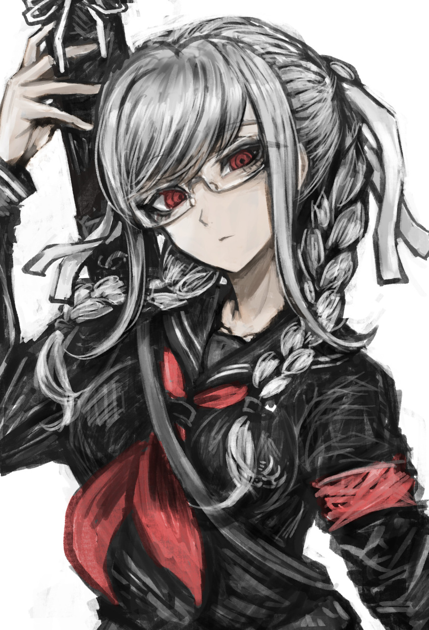 1girl absurdres armband black_shirt braid collared_shirt danganronpa_(series) danganronpa_2:_goodbye_despair glasses grey_hair hair_ornament hair_ribbon hand_up highres long_hair long_sleeves necktie pekoyama_peko red_armband red_eyes red_necktie ribbon shirt simple_background solo tsukihi_shida twin_braids twintails upper_body
