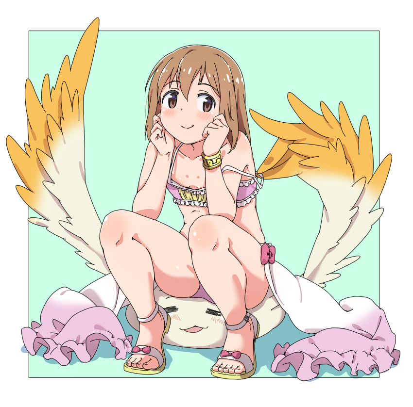 10s 1girl :3 =_= bikini blue_background blush border bra breasts brown_eyes brown_hair closed_mouth collarbone feet flat_chest frilled_bikini frilled_bra frills full_body hanami_yuzuka happy head_rest head_tilt highres karahai_(31448823) looking_at_viewer mahou_shoujo_nante_mou_ii_desukara. miton open_mouth pink_bikini pink_bra sandals sitting sitting_on_person small_breasts smile strap_slip swimsuit toes underwear