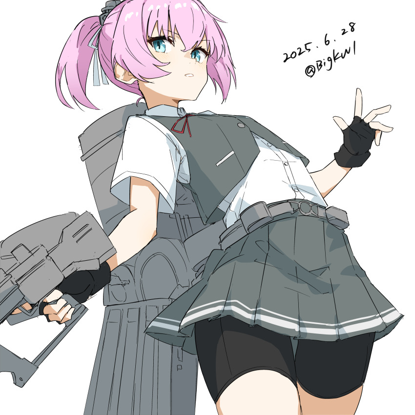 1girl absurdres adapted_turret bigkwl bike_shorts bike_shorts_under_skirt black_gloves blue_eyes dated dress_shirt fingerless_gloves gloves grey_skirt grey_vest hair_ribbon highres kantai_collection miniskirt neck_ribbon pink_hair pleated_skirt ponytail red_ribbon ribbon rigging school_uniform shiranui_(kancolle) shiranui_kai_ni_(kancolle) shirt short_hair short_ponytail short_sleeves shorts shorts_under_skirt skirt vest white_background white_ribbon white_shirt
