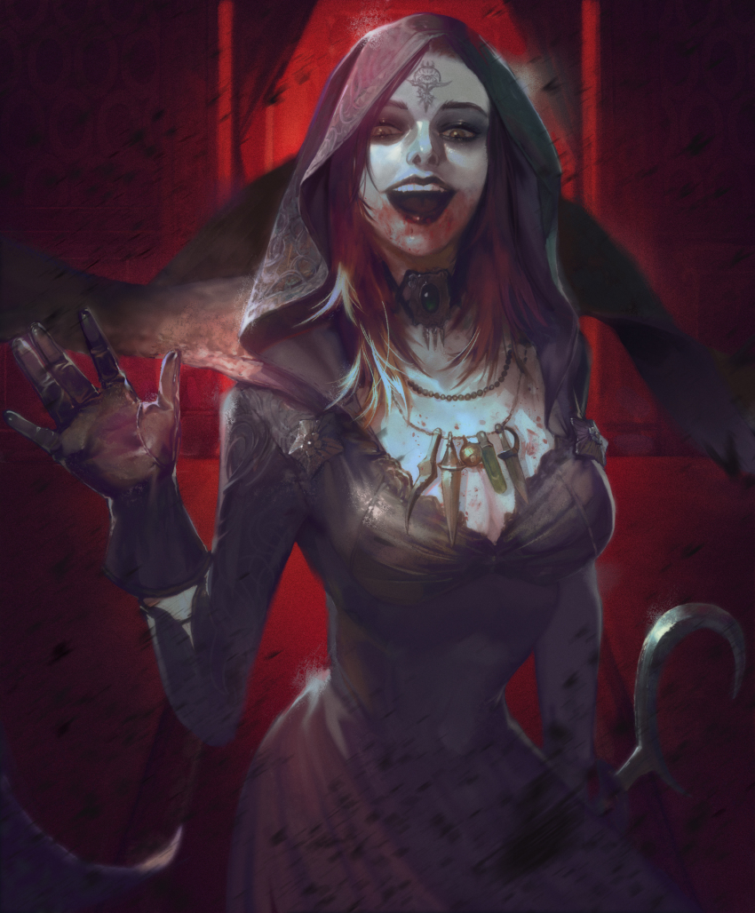 1girl black_capelet black_dress black_eyes black_gloves black_hood black_lips blood blood_on_face breasts capelet cleavage commentary_request daniela_dimitrescu dress facial_mark forehead_mark gloves highres hood hooded_capelet jewelry long_sleeves medium_breasts medium_hair necklace open_mouth ota_(ota-0000) pale_skin resident_evil resident_evil_village smile solo teeth vampire