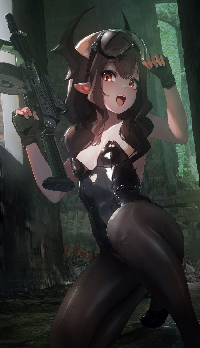 1girl absurdres arknights black_pantyhose breasts brown_eyes brown_hair character_request fingerless_gloves full_body gloves goggles goggles_on_head highres holding holding_weapon horns leotard long_hair mo_ne open_mouth pantyhose playboy_bunny pointy_ears shoes small_breasts tactical_clothes teeth upper_teeth_only weapon