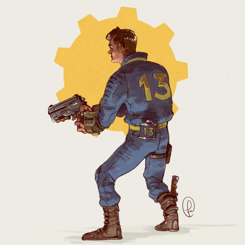 1boy back boot_knife boots brown_hair canteen fallout fallout_1 fernando_correa gears gun handgun highres knife pip_boy revolver signature solo vault_dweller vault_suit weapon white_background
