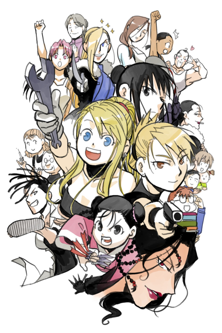 1boy 6+girls :d :o ;) ^^^ amestris_military_uniform apron arms_up black_coat black_eyes black_hair black_shirt blackfoxes blonde_hair blue_eyes book braid brown_eyes character_request chinese_clothes cigarette closed_eyes coat crossed_arms dark_skin dress colored_bangs earrings elicia_hughes fighting_stance fullmetal_alchemist garfiel_(fma) glasses gloves gracia_hughes grey_hair gun happy heart highres izumi_curtis jewelry kicking lab_coat lan_fan lipstick long_hair looking_at_viewer looking_away lust_(fma) makeup maria_ross may_chang military military_uniform mrs._bradley multiple_girls needle olivier_mira_armstrong one_eye_closed open_mouth paninya_(fma) pinako_rockbell pink_eyes pink_hair ponytail red_eyes riza_hawkeye rose_tomas sandals serious sheska_(fma) shirt short_hair simple_background smile sword trisha_elric twintails weapon white_background white_dress winry_rockbell wrench