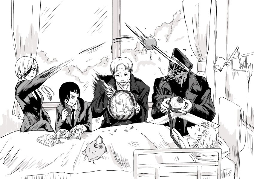 2girls 3boys apple bed book carving chainsaw_man closed_mouth commentary_request denji_(chainsaw_man) eating food food_in_mouth formal_clothes fruit higashiyama_kobeni highres holding holding_book hospital hospital_bed iing_naoe indoors katana_man_(chainsaw_man) kishibe_(chainsaw_man) long_hair long_sleeves lying monochrome multiple_boys multiple_girls necktie on_back open_book open_mouth quanxi_(chainsaw_man) reading shirt short_hair sitting spoilers suit throwing watermelon