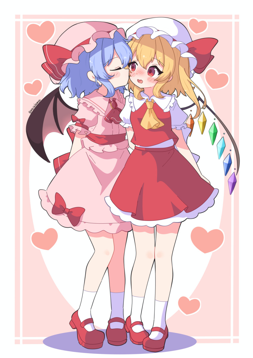 2girls arms_behind_back ascot bat_wings blonde_hair blue_eyes blush closed_eyes closed_mouth collared_shirt commentary_request flandre_scarlet frilled_shirt_collar frills full_body hair_between_eyes hat hat_ribbon heart highres incest kiss kissing_cheek long_hair mary_janes masakamea mob_cap multiple_girls open_mouth pink_background pink_hat pink_shirt puffy_short_sleeves puffy_sleeves red_ascot red_eyes red_ribbon red_shoes red_vest remilia_scarlet ribbon shirt shoes short_hair short_sleeves siblings sisters socks standing touhou twitter_username vest white_hat white_shirt white_socks wings yellow_ascot