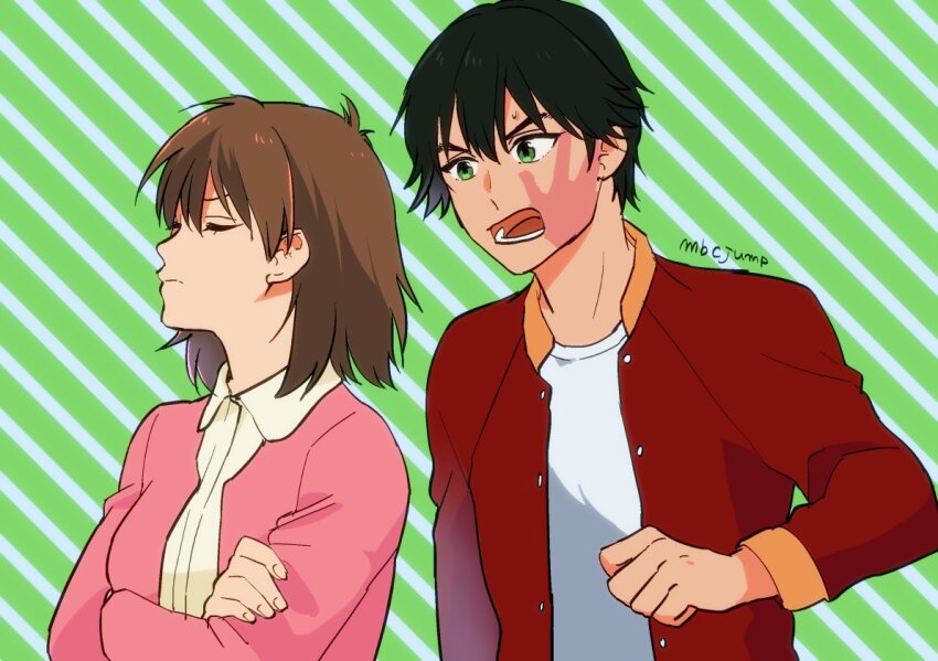 1boy 1girl black_hair brown_hair closed_mouth green_eyes jacket mabca open_mouth short_hair urameshi_yusuke yukimura_keiko yuu_yuu_hakusho