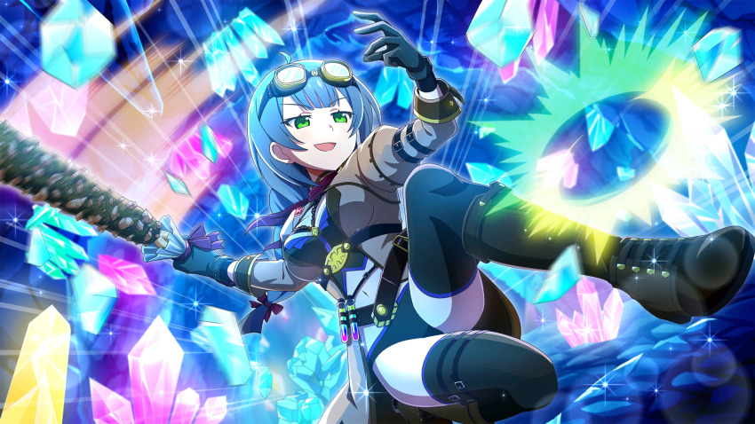 1girl :d ahoge belt belt_buckle black_gloves black_shorts black_thighhighs blue_hair blurry boots brown_belt brown_boots brown_jacket buckle cave club_(weapon) crystal depth_of_field dutch_angle full_body game_cg gloves goggles goggles_on_head green_eyes highres higurashi_no_naku_koro_ni higurashi_no_naku_koro_ni_mei holding holding_club holding_weapon indoors jacket kurosawa_chisame lens_flare long_hair long_sleeves motion_blur motion_lines navel non-web_source official_art on_one_knee open_mouth rock shorts smile solo sparkle speed_lines strapless test_tube test_tube_holster thighhighs tube_top v-shaped_eyebrows weapon