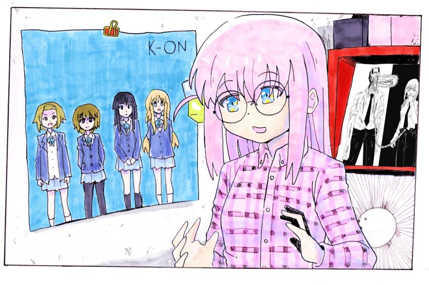 1boy 6+girls akiyama_mio album_cover_redraw binder_clip blue_eyes bocchi_the_rock! chainsaw_man collared_shirt cosmogramma crossover death_grips denji_(chainsaw_man) derivative_work flannel flying_lotus gotoh_hitori hirasawa_yui k-on! kotobuki_tsumugi looking_to_the_side makima_(chainsaw_man) multiple_girls open_mouth parody pink_hair pink_shirt psicochurroz shelf shirt tainaka_ritsu the_money_store theneedledrop weezer_(band) weezer_(blue_album)