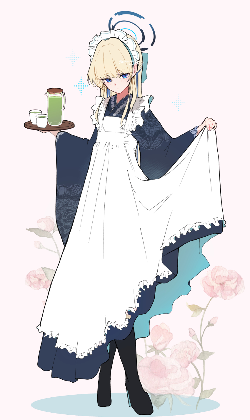 1girl absurdres alternate_costume apron blonde_hair blue_archive blue_eyes blue_hair blue_halo blue_kimono boots frilled_apron frills halo highres holding holding_tray japanese_clothes kimono koyuuuuuuuuuuu lifting_own_clothes long_hair looking_at_viewer maid maid_apron maid_headdress mechanical_halo multicolored_hair solo streaked_hair thigh_boots toki_(blue_archive) tray wa_maid white_apron wide_sleeves