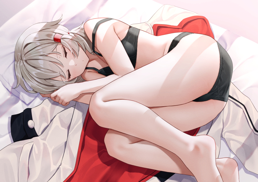 1girl absurdres ass azur_lane black_bra black_panties blush bra classic_(zildjian33) denver_(azur_lane) hair_between_eyes highres jacket long_hair lying on_side panties short_hair sleeping solo thighs twintails underwear underwear_only