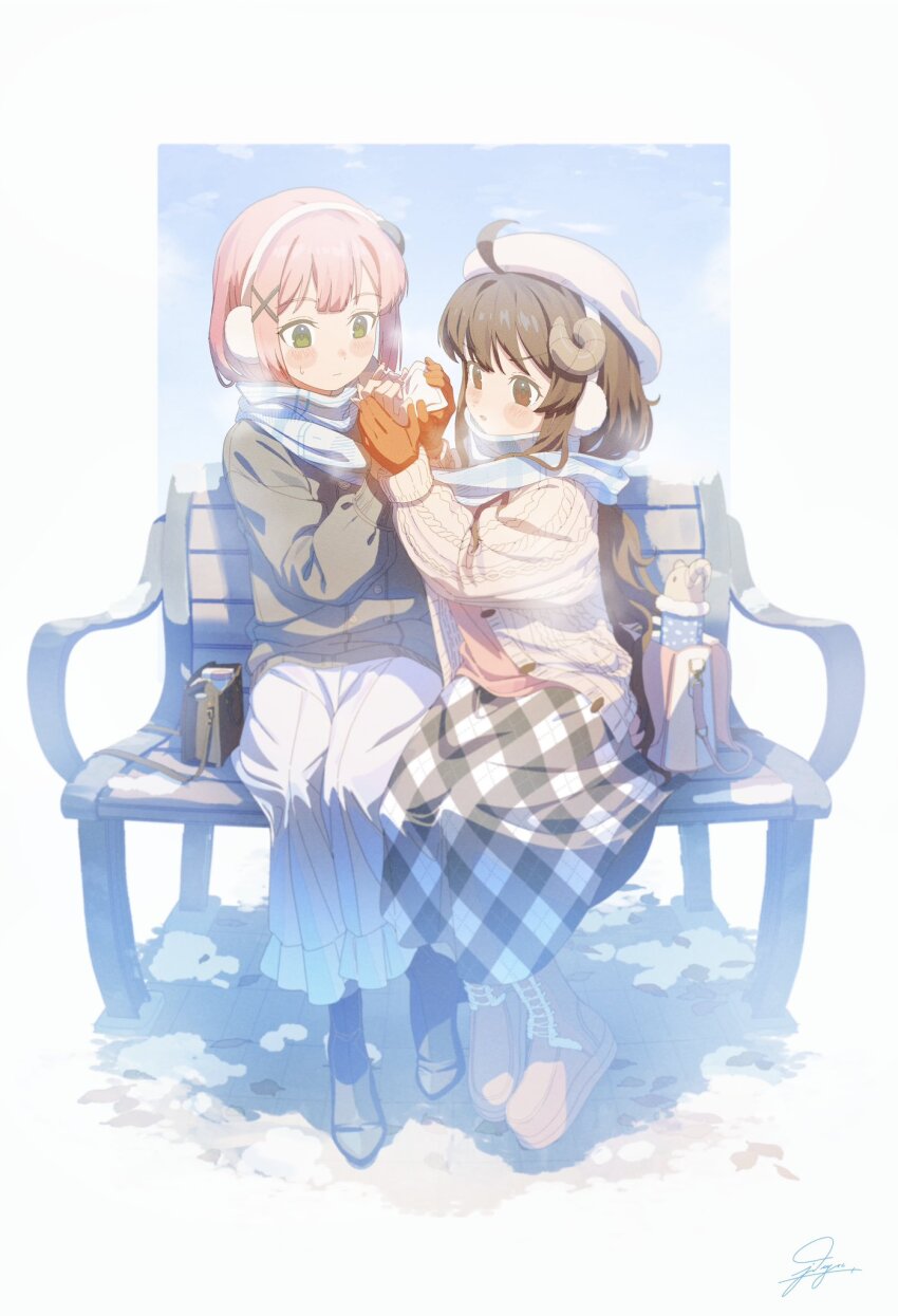 2girls ahoge bag bench beret black_footwear blush boots brown_eyes brown_hair chiyoda_momo commentary curled_horns day earmuffs full_body gloves green_eyes green_gloves hair_ornament hat highres holding_hands horns jacket jdge lilith_(machikado_mazoku) long_hair long_sleeves machikado_mazoku multiple_girls outdoors pink_boots pink_hair plaid_clothes plaid_skirt signature sitting skirt snow sweatdrop white_headwear white_skirt winter_clothes x_hair_ornament yoshida_ryouko