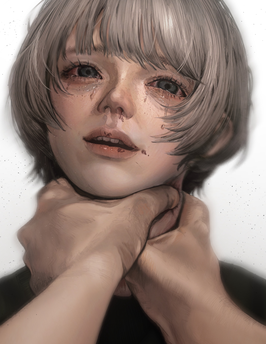 1boy 1girl absurdres blood blood_on_face bloodshot_eyes blurry blurry_background commentary highres mikasamu nosebleed original short_hair strangling tears white_background