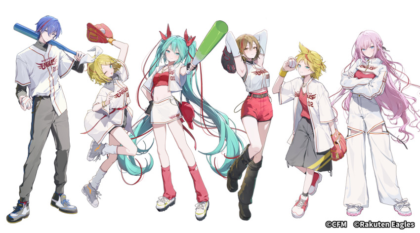 1boy 5girls black_shoes black_socks blonde_hair blue_eyes blue_hair blush bow brown_hair brown_pants closed_mouth crossed_arms food grey_shoes grey_shorts hair_between_eyes hair_bow hairband hatsune_miku high-waist_pants high-waist_shorts holding holding_food holding_spring_onion holding_vegetable jacket kagamine_len kagamine_rin kaito_(vocaloid) kneehighs long_hair looking_at_viewer loose_socks megurine_luka meiko_(vocaloid) multiple_girls navel ningen_mame pants pink_hair purple_hair red_bow red_shirt red_shorts red_sports_bra shirt shoes short_shorts shorts sidelocks skirt smile socks sports_bra spring_onion twintails vegetable vocaloid white_hairband white_jacket white_pants white_shirt white_shoes white_skirt white_socks yellow_hairband