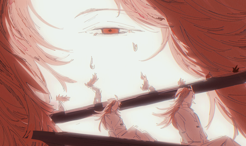 6+boys chinese_commentary chromatic_aberration clone commentary_request faceless film_grain hatsutori_hajime highres lifop long_hair long_sleeves male_focus multiple_boys pants pink_hair red_eyes saibou_shinkyoku shirt sitting sweat white_pants white_shirt