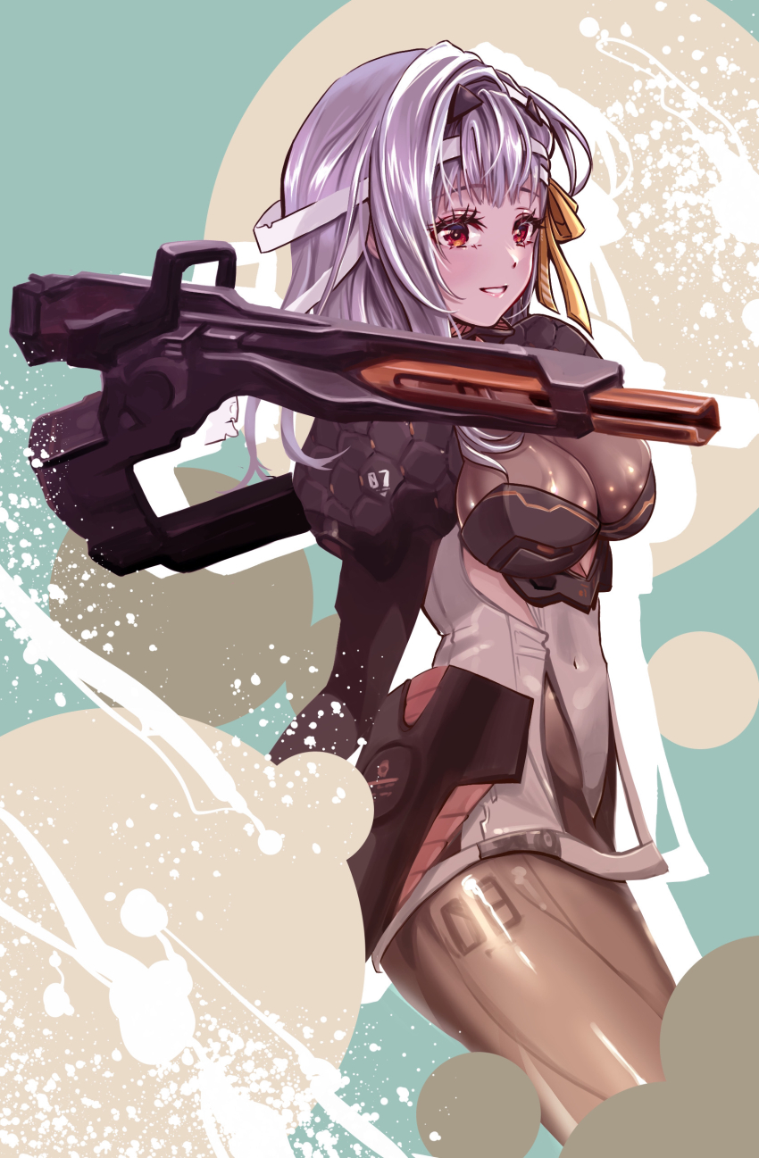 1girl absurdres bandaged_head bandages black_gloves blush breasts cleavage gloves goddess_of_victory:_nikke grey_hair hair_ribbon highres large_breasts long_hair long_sleeves looking_at_viewer modernia_(nikke) open_mouth red_eyes reiyu_gadeteru ribbon see-through_cleavage see-through_clothes smile solo yellow_ribbon