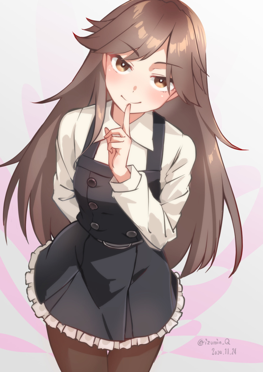 1girl arashio_(kancolle) arashio_kai_ni_(kancolle) black_dress black_hair black_pantyhose blush brown_eyes brown_hair commentary_request dated dress frilled_dress frills highres izumikuma kantai_collection long_hair long_sleeves looking_at_viewer one-hour_drawing_challenge pantyhose pinafore_dress pink_background school_uniform shirt sleeveless sleeveless_dress smile solo twitter_username white_shirt