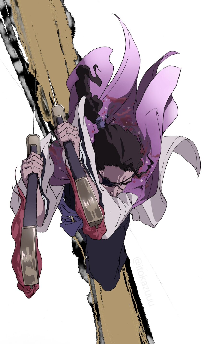 1boy arm_hair bleach bleach:_sennen_kessen-hen blue_sash brown_hair commentary_request eyepatch haori highres holding holding_sword holding_weapon incoming_attack itokazuuu japanese_clothes kimono kyouraku_shunsui looking_to_the_side male_focus ponytail sash solo sword twitter_username weapon