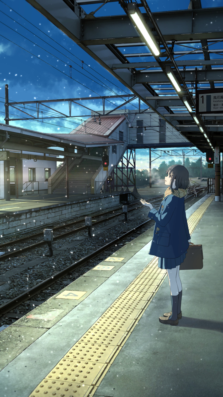 1girl anyotete bag black_hair brown_shoes highres jacket loafers original outdoors scarf scenery school_bag school_uniform shoes snowing solo train_station train_station_platform