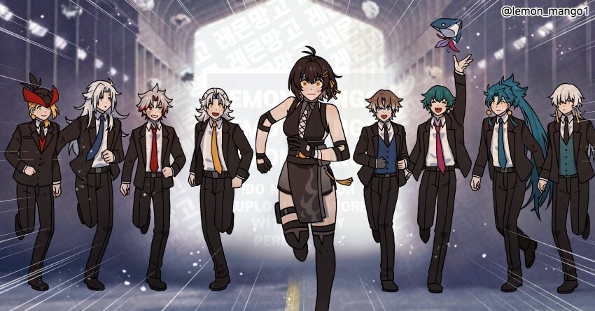 1girl 6+boys aalto_(wuthering_waves) aqua_vest black_footwear black_jacket black_pants blonde_hair blue_eyes blue_hair blue_necktie blue_vest brant_(wuthering_waves) calcharo_(wuthering_waves) collared_shirt cristoforo_(wuthering_waves) earrings female_rover_(wuthering_waves) geshu_lin_(wuthering_waves) hair_intakes hat highres jacket jewelry jiyan_(wuthering_waves) lapels lemon_mango1 long_hair multicolored_hair multiple_boys necktie notched_lapels open_mouth pants pink_necktie ponytail red_eyes red_hair rover_(wuthering_waves) running scar_(wuthering_waves) shirt shoes smile streaked_hair tassel tassel_earrings very_long_hair vest white_shirt wuthering_waves xiangli_yao_(wuthering_waves) yellow_necktie