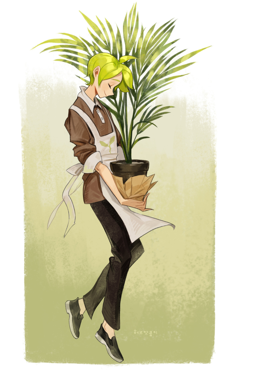 1boy absurdres ahoge apron black_footwear black_pants brown_shirt closed_eyes closed_mouth collared_shirt commentary cookie_run cookie_run:_ovenbreak full_body gamza green_hair hair_behind_ear herb_cookie highres holding holding_plant humanization male_focus pants plant potted_plant profile shirt sleeve_cuffs solo symbol-only_commentary white_apron