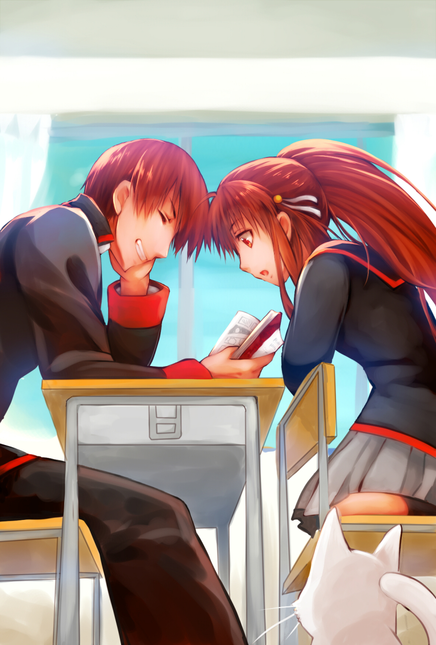 1boy 1girl 2018 :o ^_^ ahoge bell black_jacket black_pants book brown_eyes brown_hair cat chair classroom closed_eyes commentary_request dated_commentary day desk from_side grey_skirt grin hair_bell hair_ornament hair_ribbon highres holding holding_book indoors jacket jingle_bell leaning_forward lennon little_busters! little_busters!_school_uniform long_hair long_sleeves looking_at_object manga_(object) miniskirt natsume_kyousuke natsume_rin on_chair open_book open_mouth pants pleated_skirt profile rakka reading ribbon school_chair school_desk school_uniform short_hair sidelocks sitting skirt smile white_cat white_ribbon window