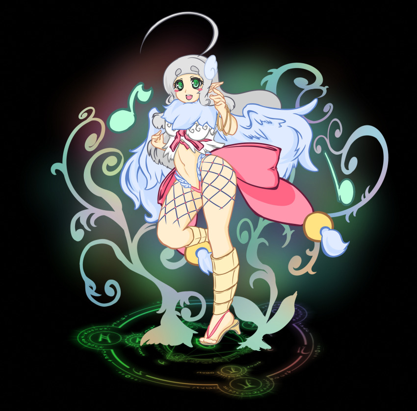 1girl absurdres ahoge arched_bangs back_bow bangle bikini blush_stickers bow bracelet breasts brown_sandals commentary_request feathered_wings full_body green_eyes grey_hair highres huge_ahoge jewelry large_bow long_hair looking_at_viewer magic_circle medium_breasts musical_note navel open_mouth pink_bow pointy_ears ragnarok_iris ragnarok_online sandals smile solo standing standing_on_magic_circle swimsuit wanderer_(ragnarok_online) white_bikini white_wings wings