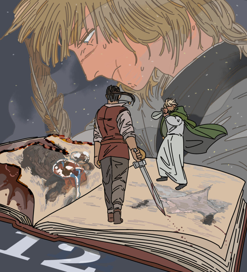 3boys badeni beard black_hair blonde_hair book brown_vest chi.:_chikyuu_no_undou_ni_tsuite cloak collared_shirt facial_hair fighting_stance full_body furrowed_brow green_cloak grey_pants highres holding holding_sword holding_weapon male_focus medium_hair multiple_boys nowak_(chi.) oczy open_book pants ponytail quill robe scar scar_on_face scar_on_mouth scar_on_nose shirt sleeves_rolled_up smsmsms2021 sweatdrop sword vest weapon white_robe