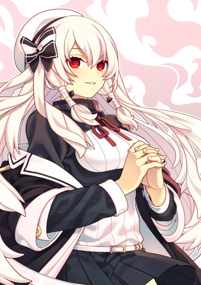 1girl absurdres bad_id bad_twitter_id belt beret black_bow black_jacket black_skirt blush bow chaser_(warship_girls_r) coat colored_eyelashes female_focus framed_breasts hair_between_eyes hair_bow hair_tubes hashido_kimitaka hat highres interlocked_fingers jacket long_hair long_sleeves looking_at_viewer outline parted_lips pleated_skirt red_eyes red_ribbon ribbon shirt sidelocks skirt solo upper_body very_long_hair warship_girls_r white_hair white_hat white_outline white_shirt
