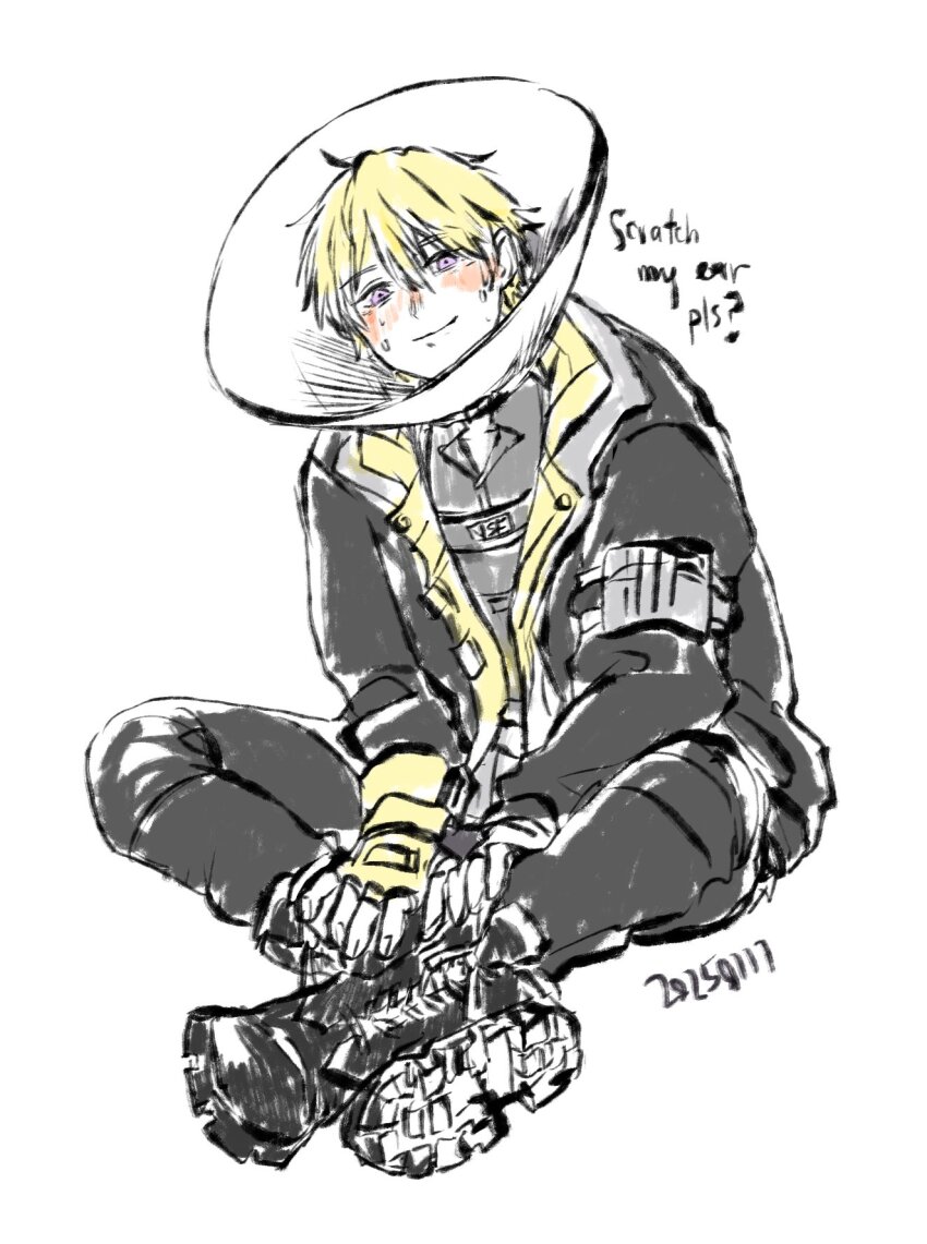 1boy black_jacket blonde_hair blush boots closed_mouth combat_boots commentary dated english_commentary english_text fingerless_gloves gift_art gloves grey_shirt highres indian_style jacket looking_at_viewer male_focus nijisanji nijisanji_en pet_cone purple_eyes second-party_source shirt shoe_soles simple_background sitting smile solo sonny_brisko sonny_brisko_(1st_costume) virtual_youtuber white_background yellow_gloves